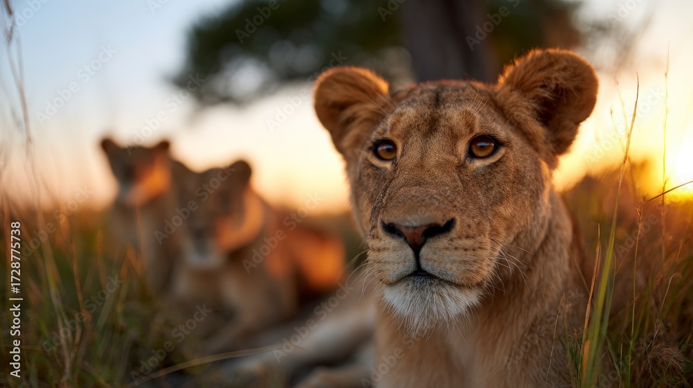 Fototapeta premium Pride of Lions Resting in Dense Tall Grass During a Beautiful Sunset in African Wilderness