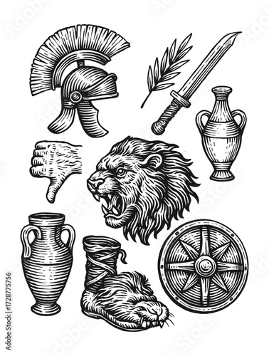 ancient greek symbols with warrior helmet, lion head, vase, and spear in vintage classical engraving style.