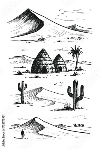 hand drawn desert landscape with cactus, sand dunes, palm tree, and nomad tent in vintage engraving style.