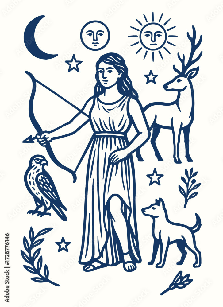 Fototapeta premium artemis, goddess of hunt and moon with bow, deer, and wilderness, virgin protector in greek mythology.