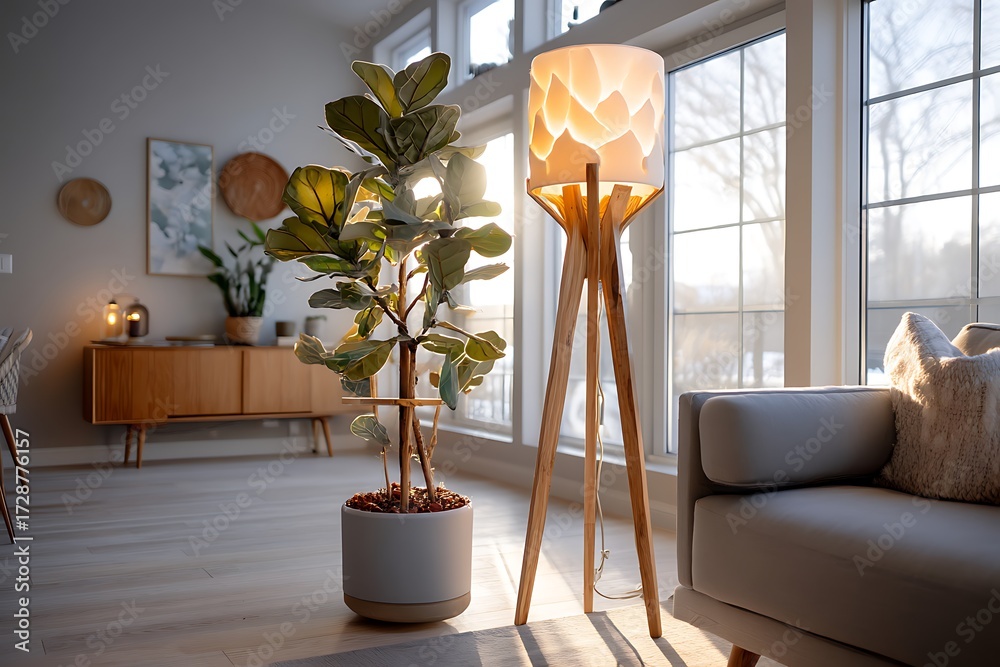 custom made wallpaper toronto digitalSunlight streaming through a window, illuminating a modern living room with a ficus lyrata plant and a stylish floor lamp, creating a warm and inviting atmosphere.