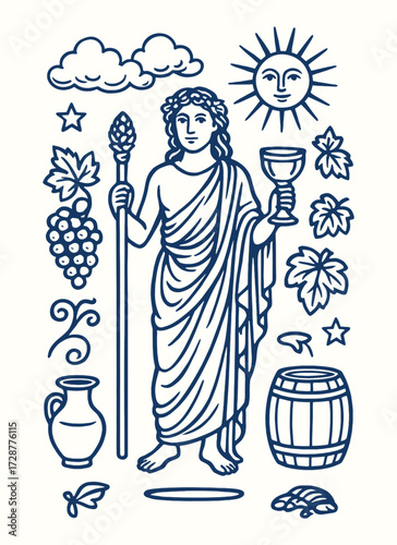 dionysus, god of wine and ecstasy with grapes, cup, and ivy crown, joyful olympian in greek mythology illustration.