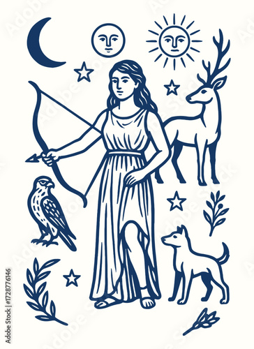 artemis, goddess of hunt and moon with bow, deer, and wilderness, virgin protector in greek mythology.