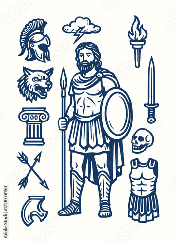 ares, god of war with armor, spear, and shield, fierce olympian warrior in greek mythology illustration.
