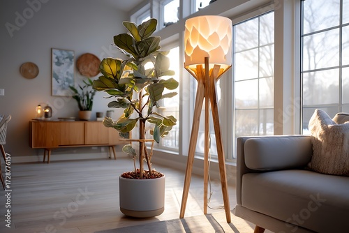 Wallpaper Mural Sunlight streaming through a window, illuminating a modern living room with a ficus lyrata plant and a stylish floor lamp, creating a warm and inviting atmosphere. Torontodigital.ca