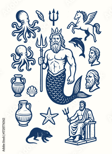 poseidon, god of the sea with trident, horses, and waves, powerful olympian in greek mythology illustration.