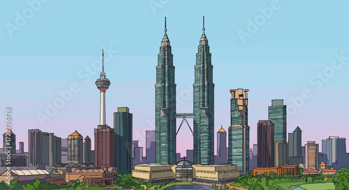Stylized vector illustration of the Kuala Lumpur city skyline with famous towers