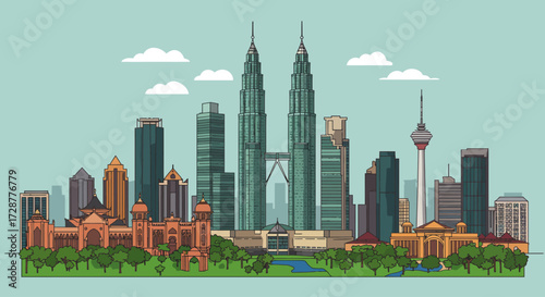 Kuala Lumpur Skyline Illustration with Petronas Towers