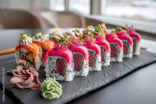 Wallpaper Mural Sushi platter presentation in a restaurant, with a minimalist background and close-up view showcasing the art of culinary presentation. Torontodigital.ca