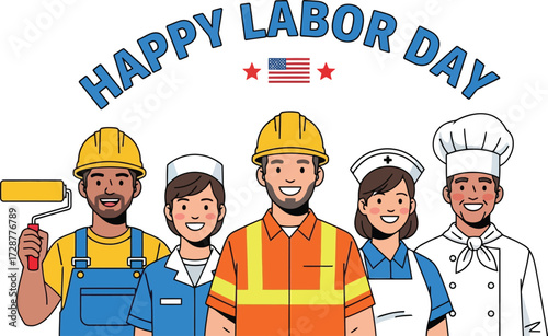 Happy labor day with diverse workers isolated on white background