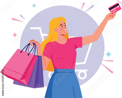 Woman holding shopping bags and credit card isolated on white background