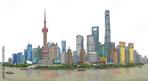 Shanghai Skyline Illustration Modern Cityscape of China