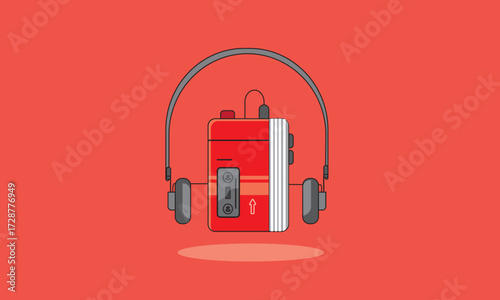 Vintage red cassette player with headphones illustration on a minimalist background, symbolizing retro music, nostalgic audio technology, and classic portable sound devices of the 80s and 90s.