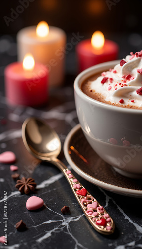 Hot chocolate with whipped cream and sprinkles by candlelight  
