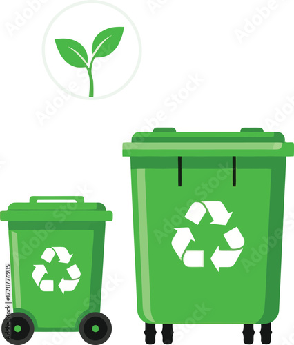 Green recycle bin with plant isolated on white background