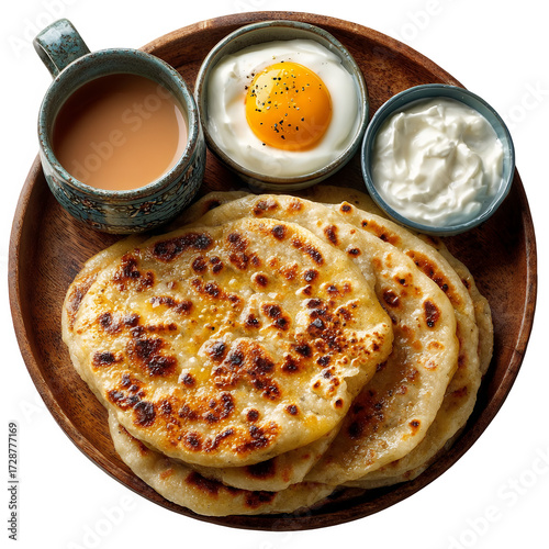 Breakfast suhur setting with round plate of parathas and dates isolated on transparent background for Ramadan