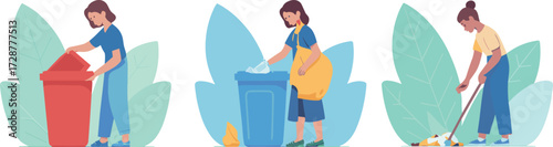 Waste management activity, recycling effort, environmental cleanup, public space care, green lifestyle, broom sweeping, trash bin use, eco-friendly behavior, illustration