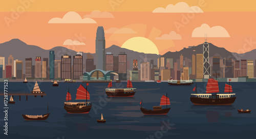 Hong Kong skyline at sunset with junk boats on the water