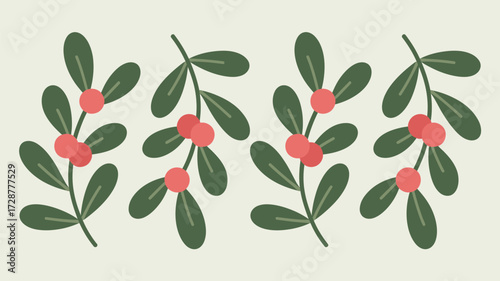 Four sprigs of mistletoe with green leaves and red berries arranged in a repeating pattern on cream background