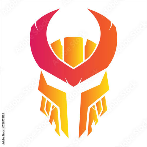 Futuristic warrior mask logo with gradient orange and yellow colors