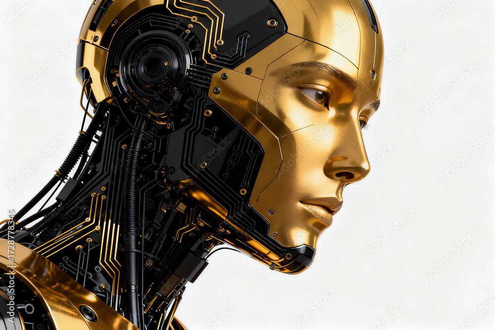 Fototapeta premium Golden humanoid robot with exposed circuitry and mechanical features in profile view
