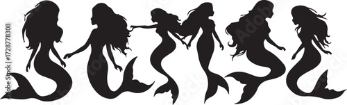 Mermaid silhouettes underwater scene, Mythical sea creature vector graphics, Ocean fantasy mermaid illustration set, Beautiful mermaid shadows in water, Nautical fantasy character design vector, Under