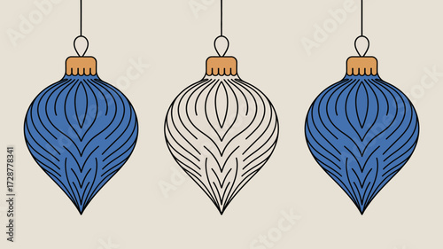 Three christmas ornaments hanging with intricate line designs in blue and white on a beige background