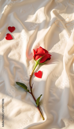 Red rose with heart-shaped decorations on soft white fabric  