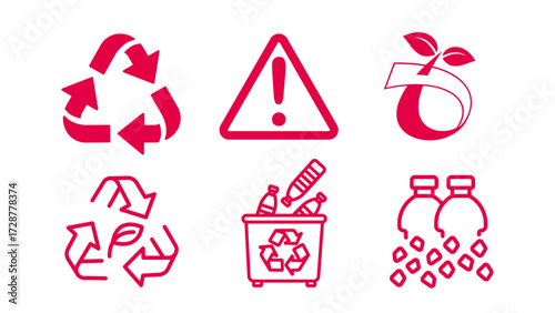 Flat design warning, danger signs, and recycle symbols icons