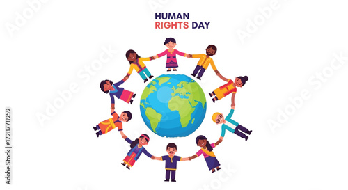 flat vector illustration of diverse people holding hands around the world globe, symbolizing unity and equality, Human Rights Day theme, bright and inclusive design, isolated on white background