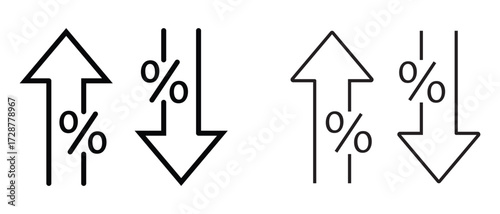Percentage with grow up and grow down arrow icon sign. Percentage arrow icon. Percentage arrow up and down silhouette icon vector. Vector illustration. 