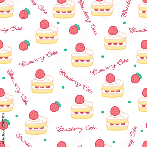 Yummy Dessert Pattern with Strawberry Cakes. Perfect for bakery design, food packaging, wrapping paper, fabric, and cute dessert-themed projects.