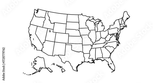 Outline map of the United States of America, including Alaska and Hawaii, with state borders delineated in black on a white background.