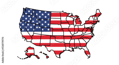 Outline of the United States of America filled with the American flag pattern, isolated on a white background.