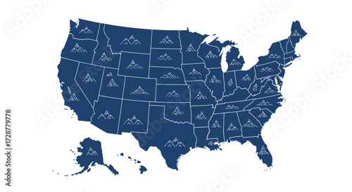 United States map illustration with each state containing a mountain range icon in a blue color scheme.