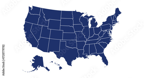 A navy blue silhouette map of the United States of America against a plain white background.