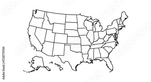 Outline map of the United States of America, showcasing state borders and geographical shape in a minimalist black and white design.