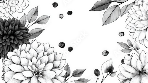 Elegant monochrome floral design with detailed flowers and leaves on a blank background