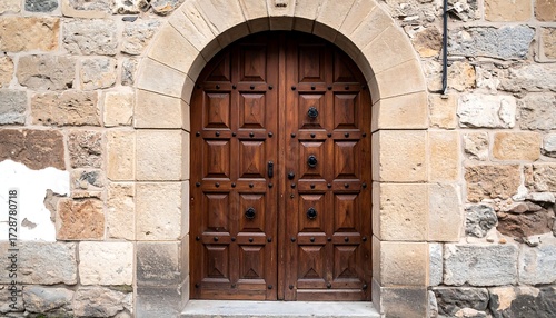 Aged wooden door in stone wall