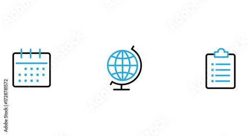 This image displays three outline icons: a calendar, a globe on a stand, and a clipboard with a checklist. These represent planning, global reach, and task management, isolated on a white background.