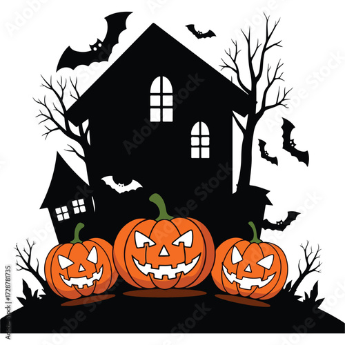 Spooky Halloween scene with carved pumpkins and haunted house silhouette