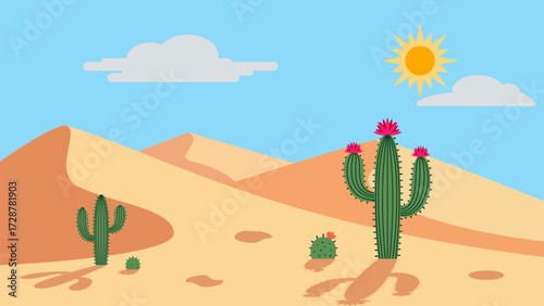 Minimalist flat vector illustration of desert scenery with sand dunes, cactus plants, clouds, and sun in a simple modern style. Perfect for backgrounds, posters, travel designs, and creative templates