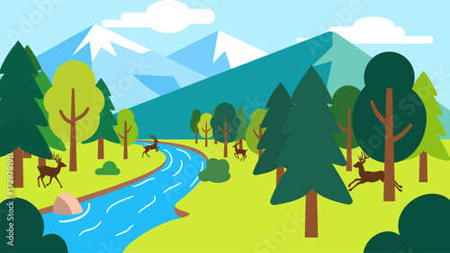 Colorful flat vector illustration of a natural landscape featuring mountains, pine trees, river, and wild deer in the forest. Perfect for nature backgrounds, environmental themes, and outdoor travel.