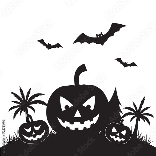 Spooky Halloween pumpkin patch with silhouetted bats flying overhead for a festive night.