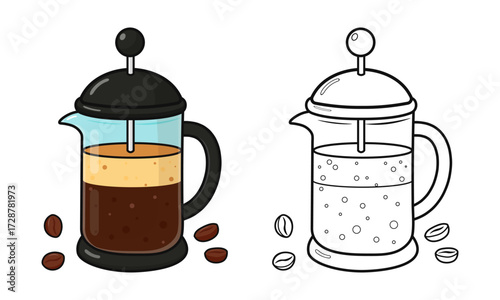 French press coffee maker and coloring book outline