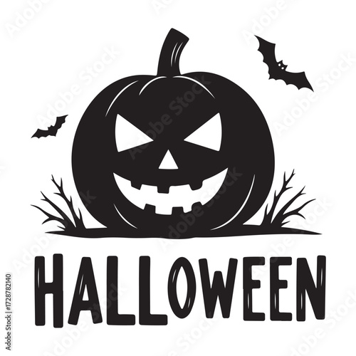 Spooky Halloween pumpkin with bats and grass, celebrating the season