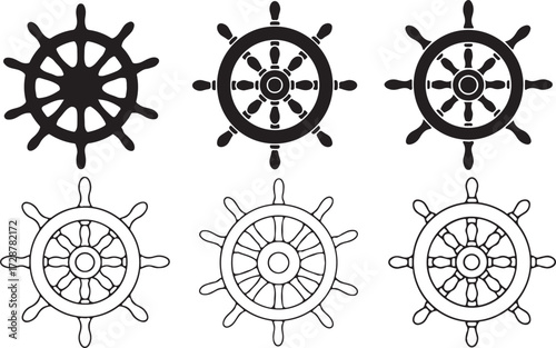 Ship wheel icon, Nautical wheel vector, Marine steering silhouette, Sailing ship artwork, Ocean navigation clipart, Captain wheel design, Boat steering graphic, Ship control illustration, Vintage whee