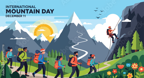 Flat vector poster showing hikers and climbers enjoying nature on mountain trails, celebrating International Mountain Day, vibrant and adventurous style