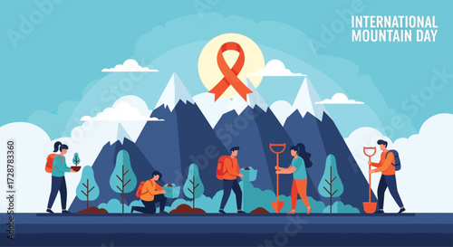 Colorful flat vector design of people planting trees and protecting mountain ecosystems, raising awareness for International Mountain Day, uplifting and eco-friendly visual