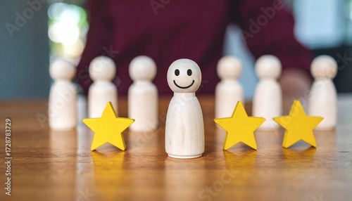 Smiley-faced wooden figure stands out with a five-star rating, symbolizing excellence and recognition.